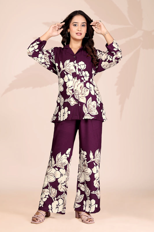 Women’s Wine Floral Co-ord Set | Stylish Printed Top & Wide-Leg Pants | Casual & Party Wear Outfit