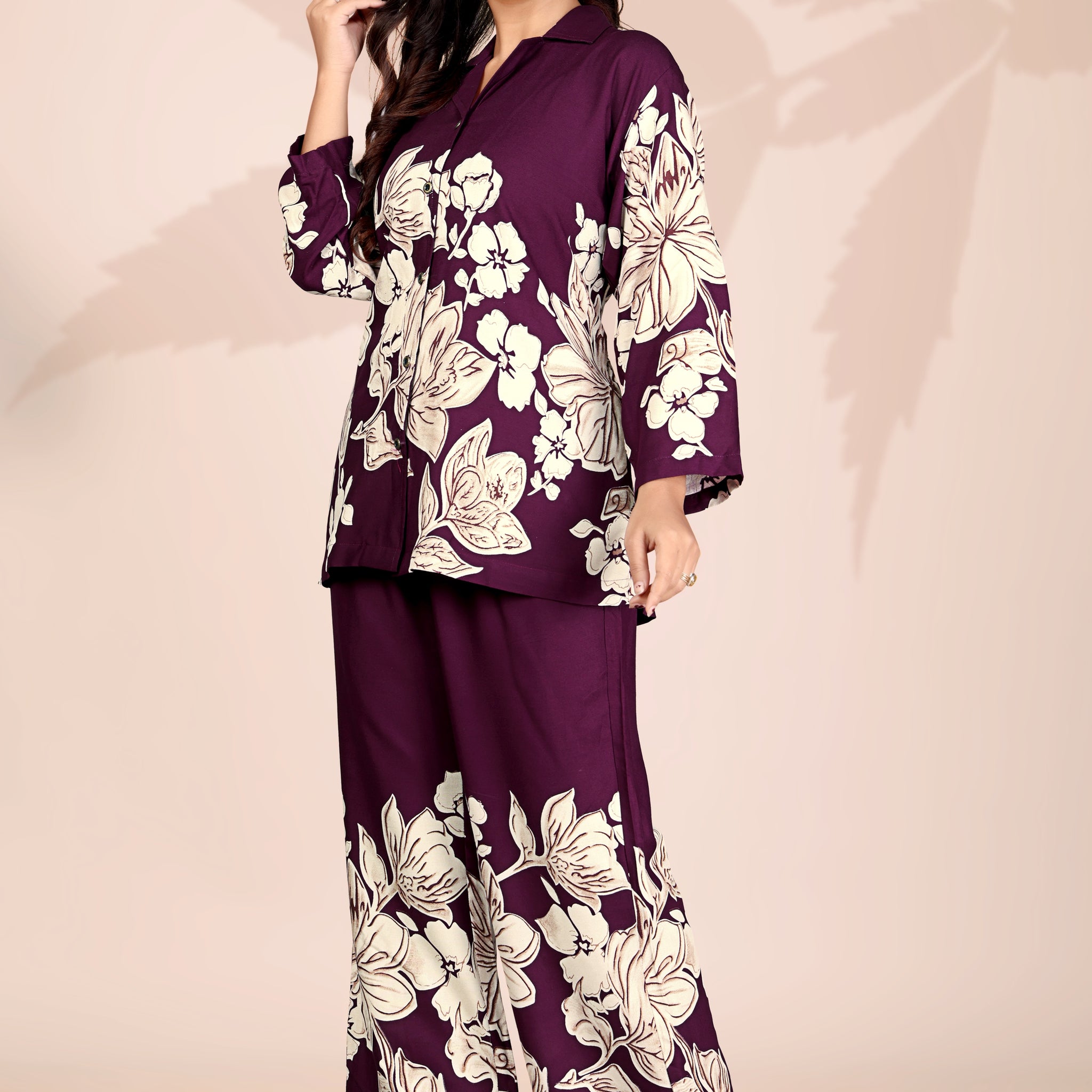 Women’s Wine Floral Co-ord Set | Stylish Printed Top & Wide-Leg Pants | Casual & Party Wear Outfit