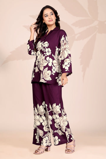 Women’s Wine Floral Co-ord Set | Stylish Printed Top & Wide-Leg Pants | Casual & Party Wear Outfit
