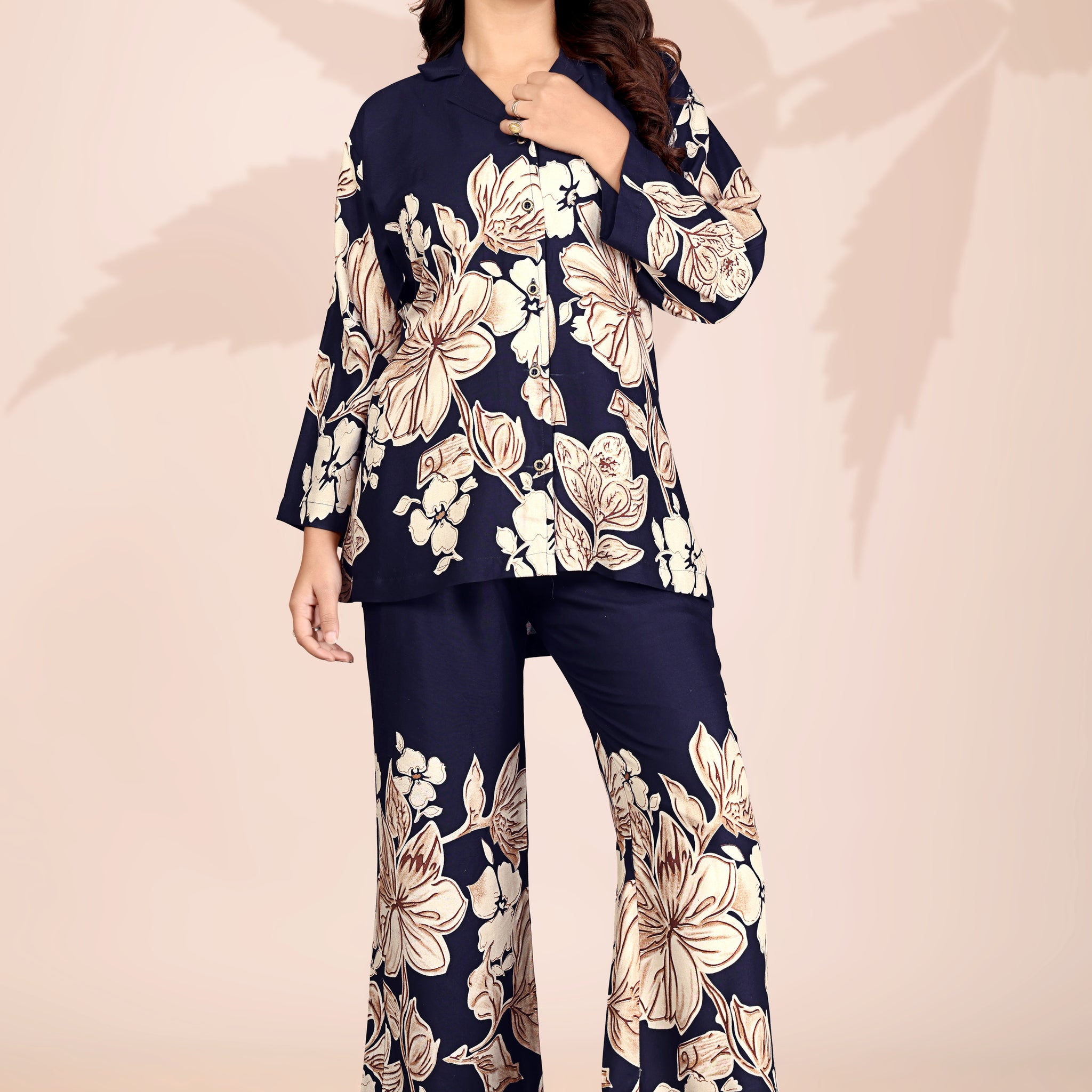 Women’s Navy Blue Floral Co-ord Set | Stylish Printed Top & Wide-Leg Pants | Casual & Party Wear Outfit