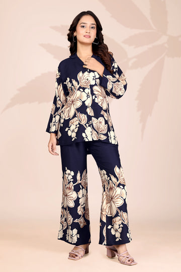 Women’s Navy Blue Floral Co-ord Set | Stylish Printed Top & Wide-Leg Pants | Casual & Party Wear Outfit