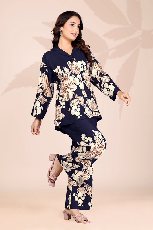 Women’s Navy Blue Floral Co-ord Set | Stylish Printed Top & Wide-Leg Pants | Casual & Party Wear Outfit