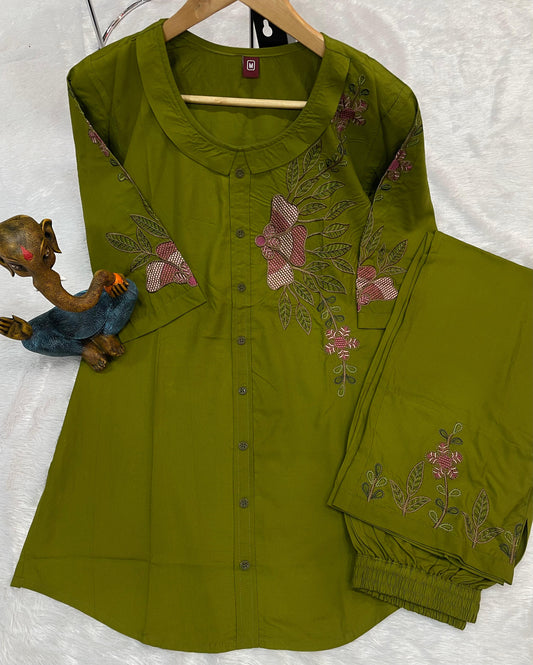 Olive Green Cotton Co-Ord Set for Women – Embroidered Kurta with Straight Pants