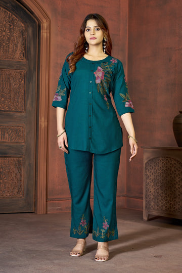 Teal Green Embroidered Cotton Co-Ord Set for Women | Kurta with Pants