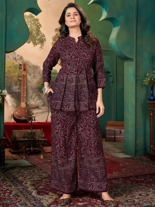 Maroon Handblock Printed Reyon Fabric Co-Ord Set | 100% Best Quality