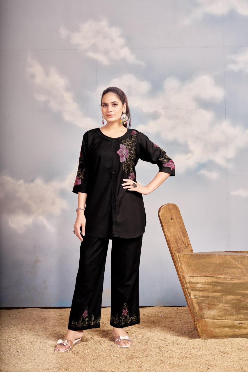 Stylish Black Floral Embroidered Kurti Pant Set for Women | Elegant Cotton Blend Co-Ord Set | Casual & Festive Wear Outfit