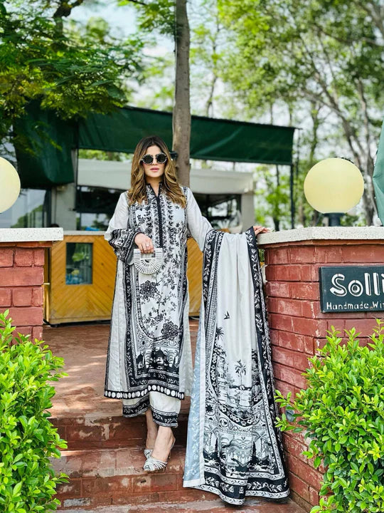 Monochrome Luxury Lawn Suit with Dupatta | Elegant Printed 3-Piece Set for Women 👑