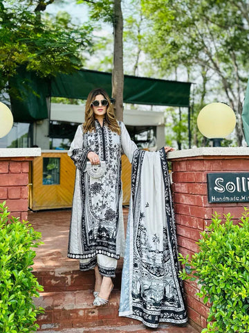 Monochrome Luxury Lawn Suit with Dupatta | Elegant Printed 3-Piece Set for Women 👑