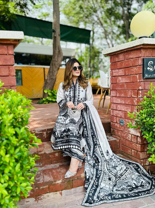 Monochrome Luxury Lawn Suit with Dupatta | Elegant Printed 3-Piece Set for Women 👑