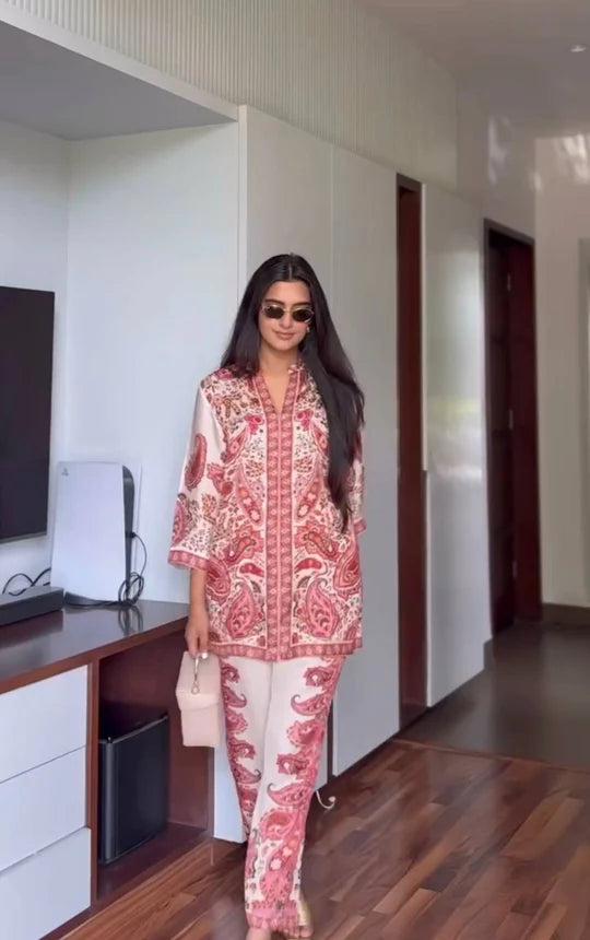 Soft Pink Paisley Printed Co-Ord Set for Women | Stylish Summer Kurta Pant Set ☀️