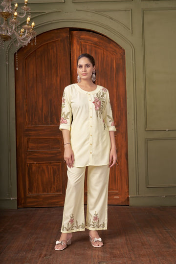 Women’s Stylish Embroidered Kurta Set | Cotton Straight Kurta with Pants | Ethnic Wear for Women